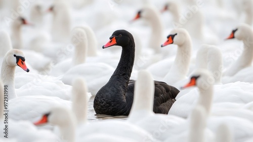 Fototapeta Naklejka Na Ścianę i Meble -  Black swan among white, different unique special leader identity, crowd leadership.