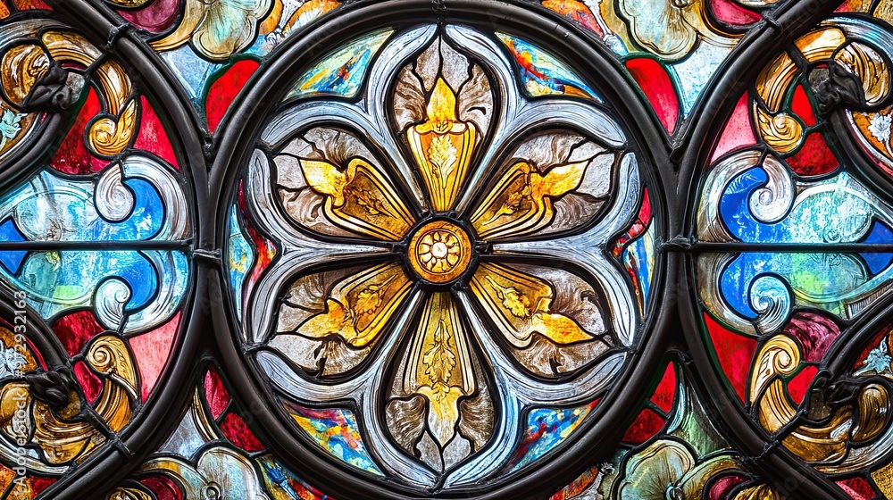 A Detailed Close-Up of a Multicolored Stained Glass Window with a Flower Design A Detailed Close-Up of a Multicolored Stained Glass Window with a Flower Design