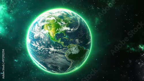 Colorful view of Earth glowing in vast cosmic space with bright green aura, showcasing beauty of planet and universe.