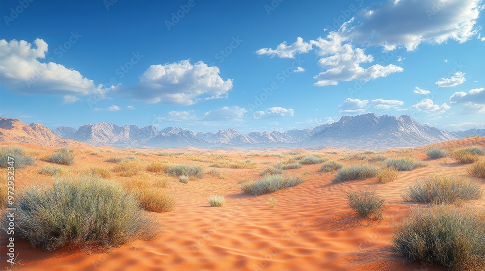 A serene desert landscape with rolling sand dunes and distant mountains. A serene desert landscape with rolling sand dunes and distant mountains.