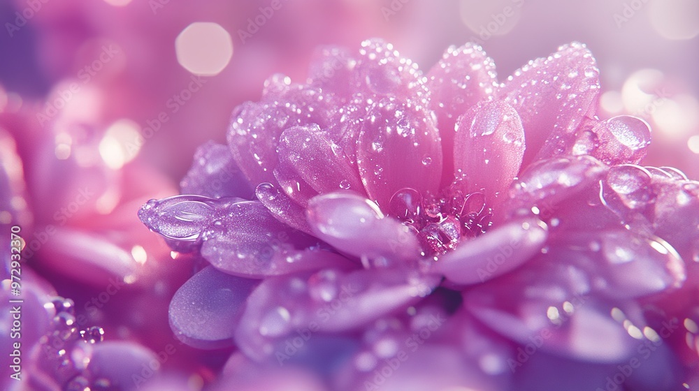 Fototapeta premium Close-up of dew-kissed pink flowers during early morning light with soft bokeh effect creating a dreamy atmosphere