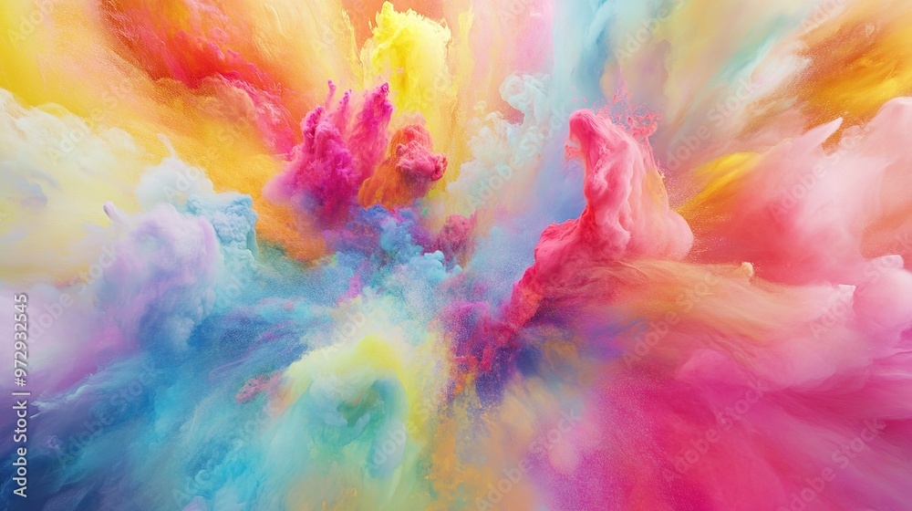 Fototapeta premium Vibrant abstract explosion of colorful smoke and clouds showcasing a blend of pink, yellow, blue, and purple hues against a soft gradient backdrop