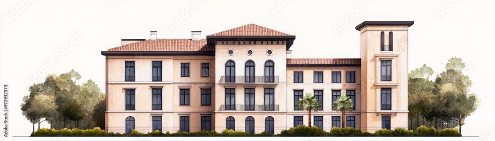 Fototapeta premium Elegant architectural design of a luxurious building with trees, showcasing a blend of classic and modern styles.