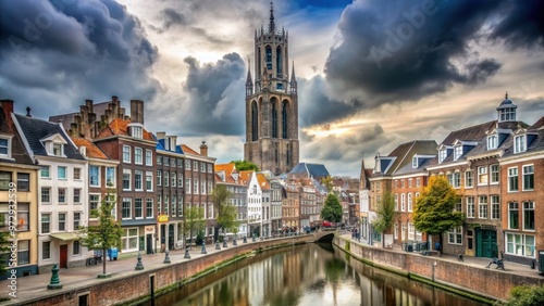 Old town in Utrecht with Dom Tower on a cloudy day, Utrecht, Netherlands, Dom Tower, old town, cloudy, architecture photo