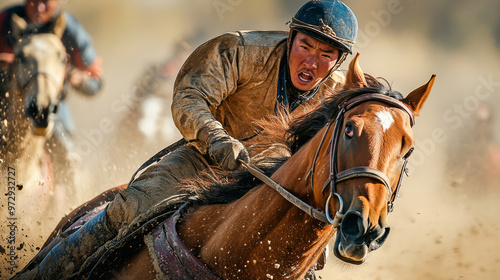 Close-up of a Mongolian horse and rider in mid-race, the intensity of competition clear in their expressions