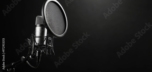 Studio microphone with pop filter, focused in soft lighting, audio production and voice recording setup, moody black and white