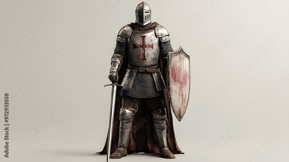 Naklejka premium 1. **A medieval knight in full armor, wielding a sword and shield, standing tall