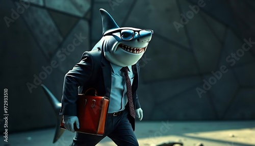 A formal, anthropomorphic shark dressed in a suit and glasses carrying a briefcase, blend of marine life and business professionalism, Businessman shark, illustration created with generative ai photo