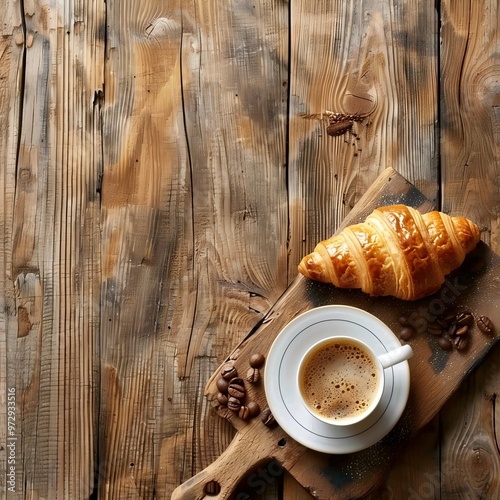  French Breakfast with Coffee and Croissant on Wooden Table