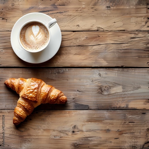  French Breakfast with Coffee and Croissant on Wooden Table