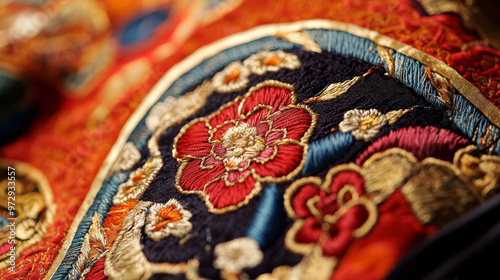 Close-up of intricate Mongolian embroidery on traditional clothing, detailed patterns and rich textures