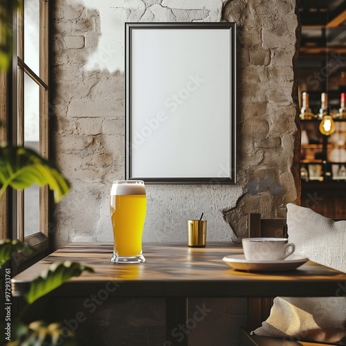 Mockup of a a 2x3 vertical black frame in a modern bar or restaurant interior with a glass of beer on a wooden table and green plants. Artwork, poster, art print, wall art mockup.