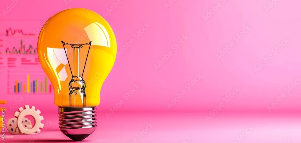 Yellow light bulb with hand-drawn icons of graphs, targets, and gears, concept of creative solutions, business planning on pink background Yellow light bulb with hand-drawn icons of graphs, targets, and gears, concept of creative solutions, business planning on pink background