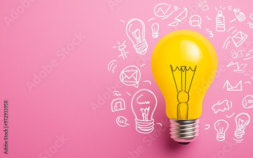 Yellow light bulb on pink background with hand-drawn business icons, creativity and innovation concept, brainstorming and idea generation