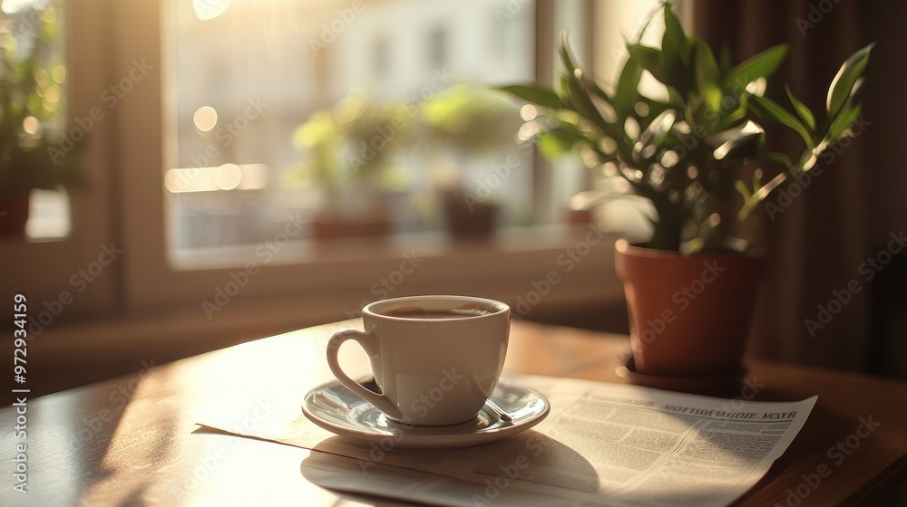 A cozy morning scene with a cup of coffee and a newspaper on a breakfast table, with soft morning light highlighting the simplicity and comfort of the moment. A cozy morning scene with a cup of coffee and a newspaper on a breakfast table, with soft morning light highlighting the simplicity and comfort of the moment.