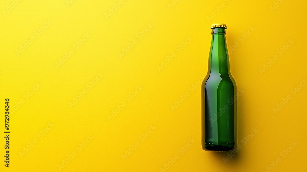 Green beer bottle on a yellow background with copy space Green beer bottle on a yellow background with copy space