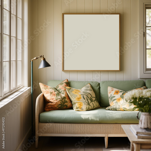 Mockup of a 1x1 square wooden frame in a vintage rustic living room with sofa and floral decor. Artwork, art print, wall art mockup. Summer cottage, farmhouse home interior.