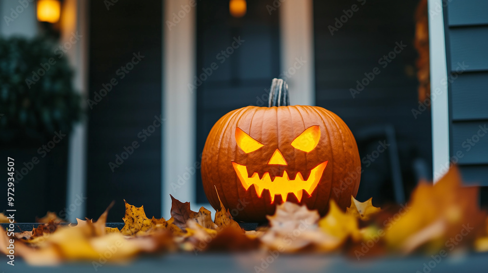 Fototapeta premium A pumpkin with a scary face is sitting on a porch