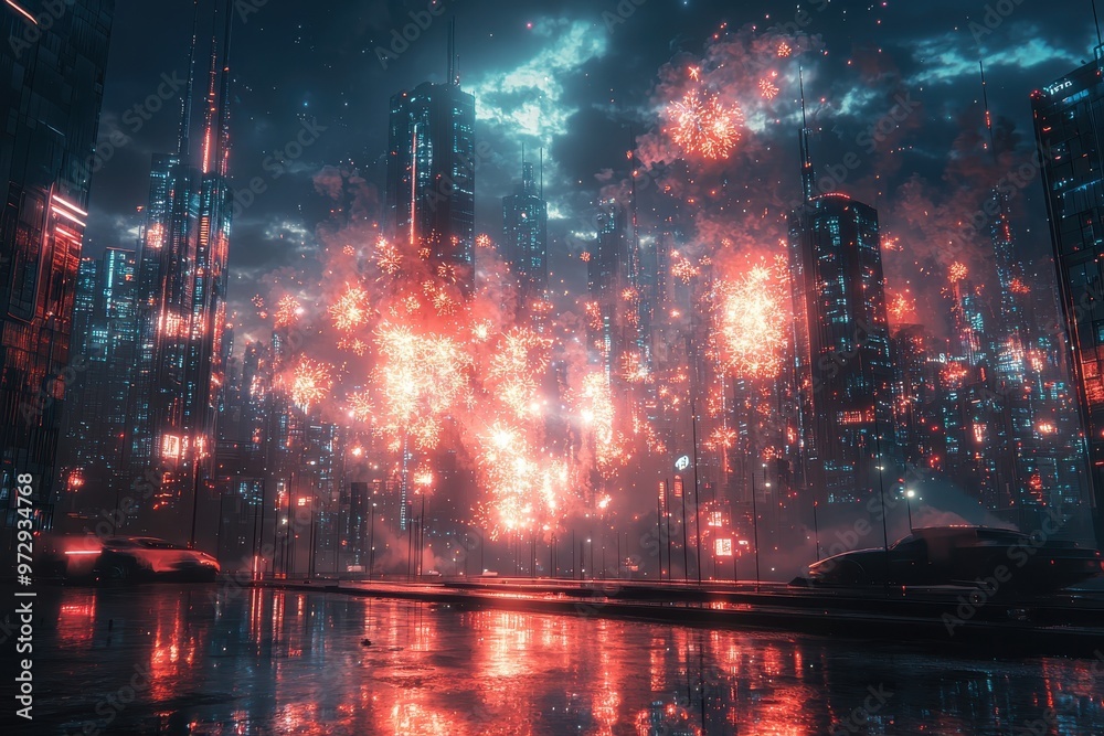 Fototapeta premium Spectacular urban fireworks display over futuristic city skyline at night