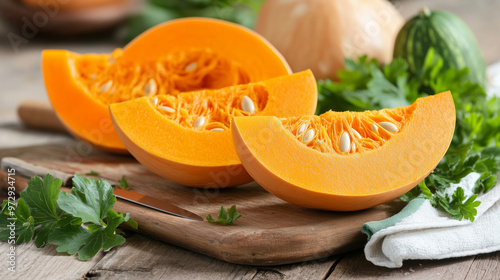 Three pieces of orange squash are cut in half