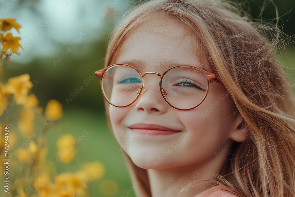 A joyful girl sporting glasses, smiling brightly in a field of vibrant yellow flowers, radiating happiness. A joyful girl sporting glasses, smiling brightly in a field of vibrant yellow flowers, radiating happiness.