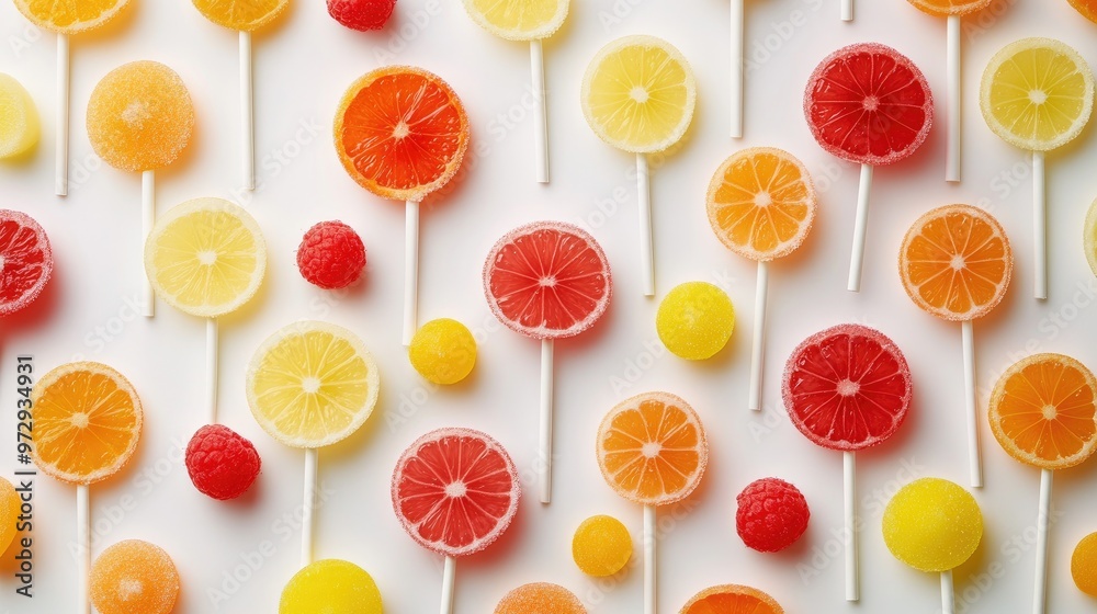 A creative composition featuring lollipops with various fruity flavors and colors scattered around, arranged to form a vibrant and enticing pattern. A creative composition featuring lollipops with various fruity flavors and colors scattered around, arranged to form a vibrant and enticing pattern.