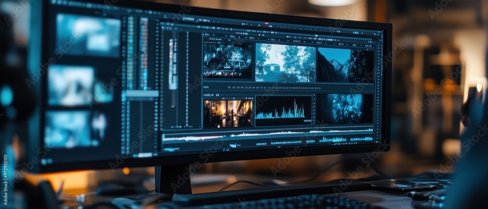 Computer monitor screen display of photo video editing process with modern software background wallpaper AI generated image Computer monitor screen display of photo video editing process with modern software background wallpaper AI generated image