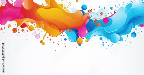 A vibrant splash of color with fluid shapes and droplets isolated on white background, ideal for backgrounds or creative projects.
