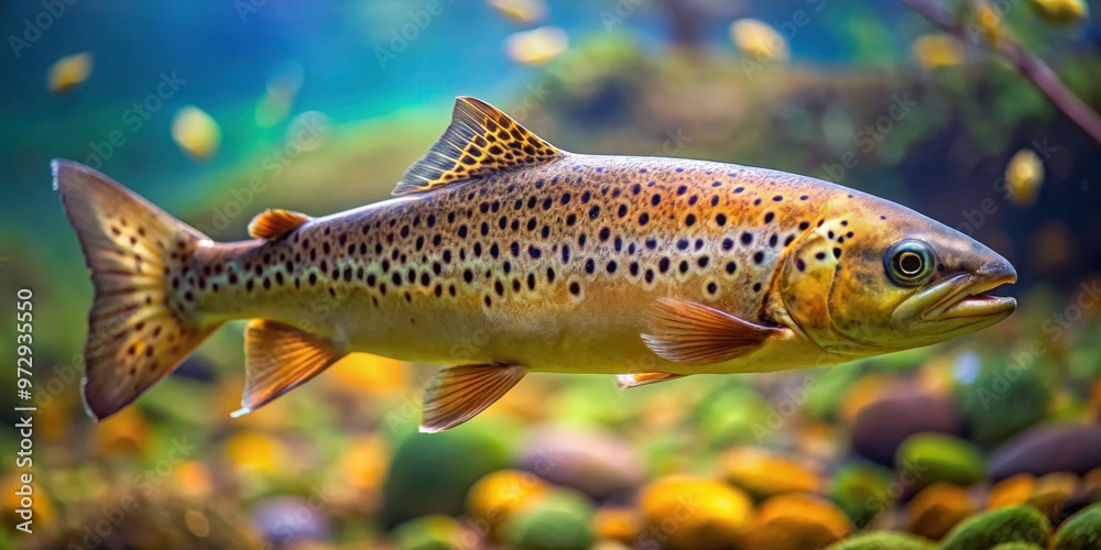 Brown trout (Salmo trutta fario) swimming in a colorful aquarium, brown trout, Salmo trutta fario, fish, aquarium Brown trout (Salmo trutta fario) swimming in a colorful aquarium, brown trout, Salmo trutta fario, fish, aquarium