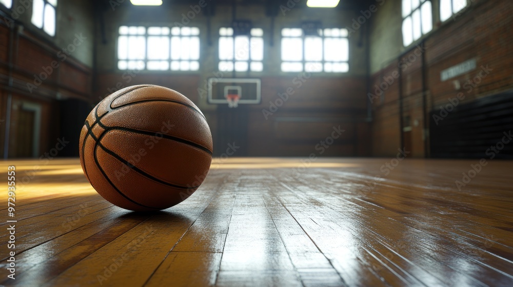 A basketball resting on a polished wooden floor in an indoor gymnasium. A basketball resting on a polished wooden floor in an indoor gymnasium.