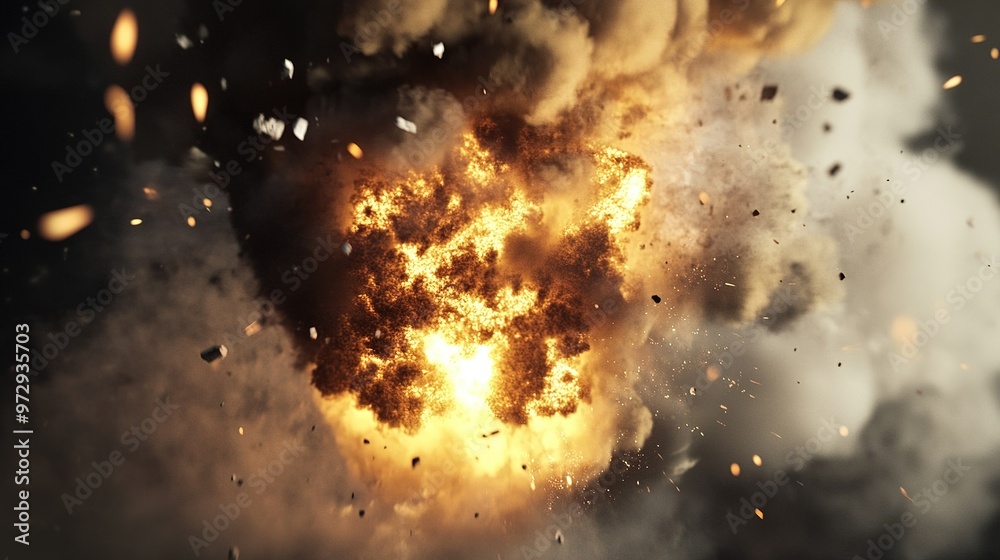 Dramatic explosion in a dark setting with flying debris and bright flames at the moment of detonation Dramatic explosion in a dark setting with flying debris and bright flames at the moment of detonation