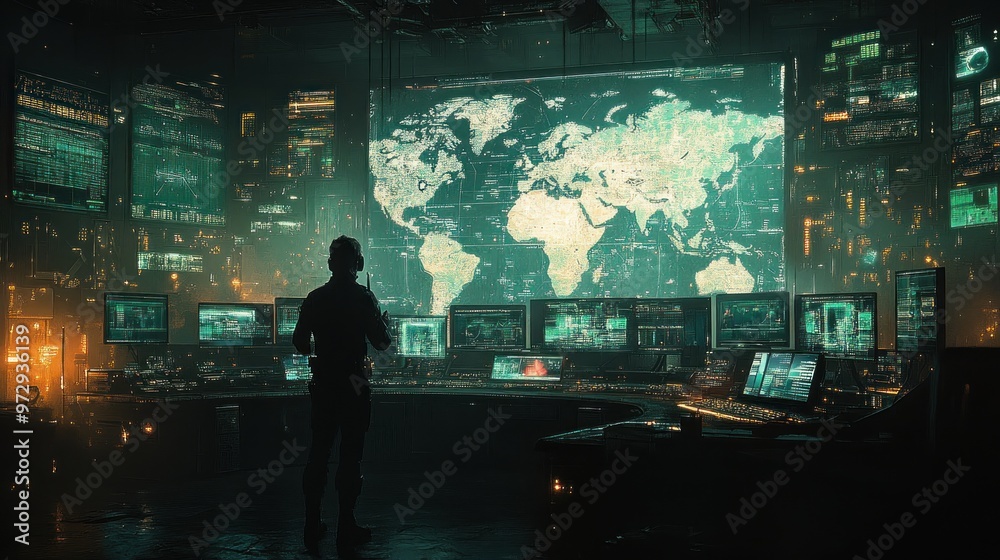 A dark control room with screens displaying a global map. A dark control room with screens displaying a global map.