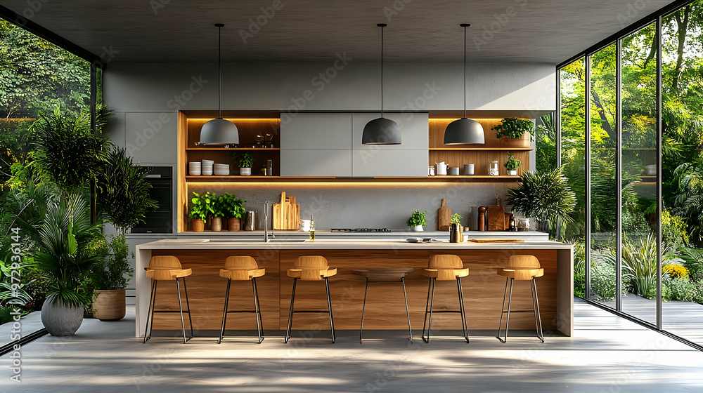 Modern kitchen design featuring natural elements and a spacious layout. Modern kitchen design featuring natural elements and a spacious layout.