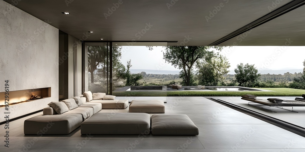 Fototapeta premium Modern Minimalist Living Room with Fireplace and Outdoor View