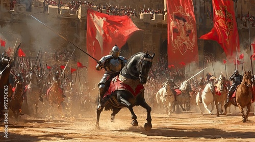 A Knight on Horseback Leading a Charge with Red Flags in the Background