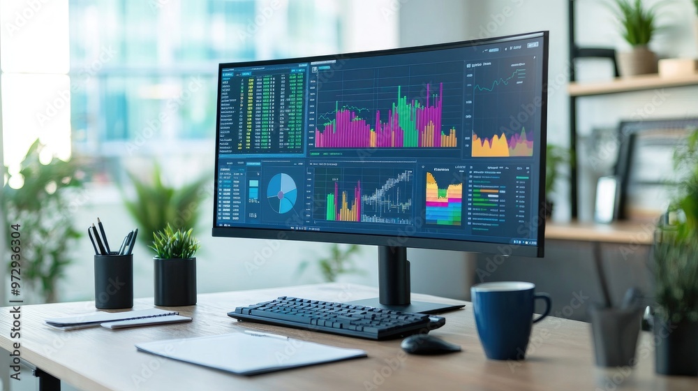 A desk setup with a large monitor displaying colorful financial charts and graphs, along with a coffee cup, pen, and notepad. The workspace is modern and organized. A desk setup with a large monitor displaying colorful financial charts and graphs, along with a coffee cup, pen, and notepad. The workspace is modern and organized.