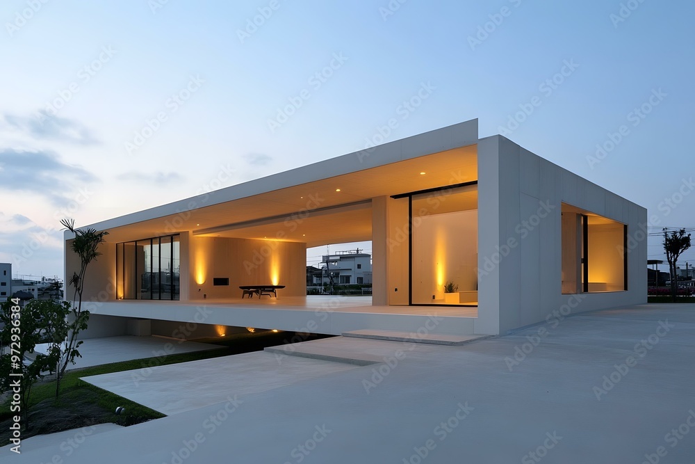 Modern Minimalist Concrete House with Large Windows and Open Terrace