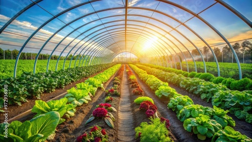 Sunlit polytunnel filled with rows of vibrant, protected vegetables, protected cultivation, polytunnel, sunlit photo