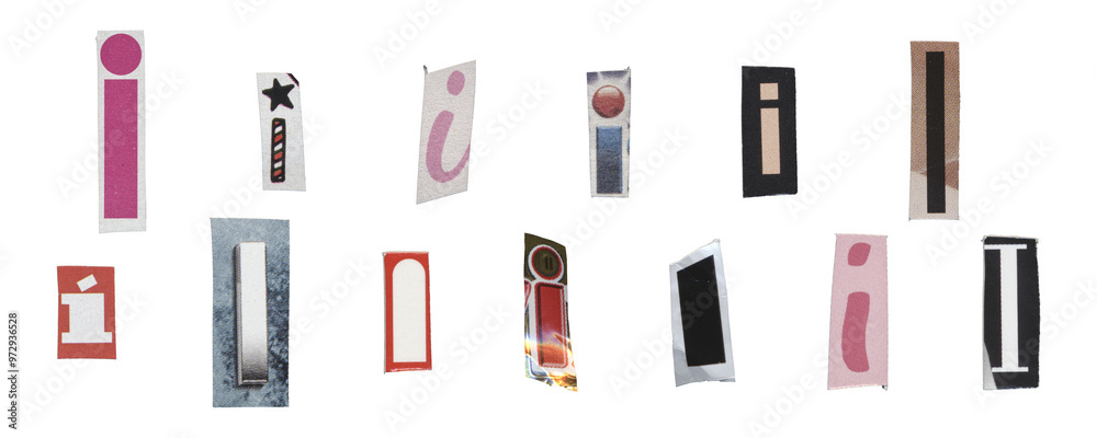 Set of isolated cut-out letter “I” from magazines on a transparent background, retro y2k style Set of isolated cut-out letter “I” from magazines on a transparent background, retro y2k style