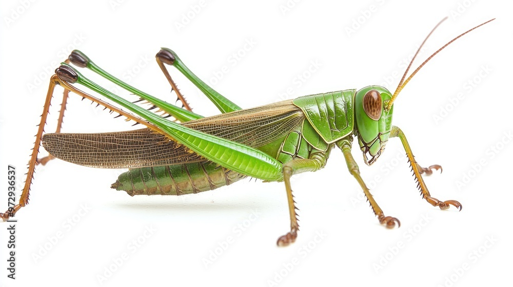 A detailed image of a grasshopper on a plain white background, showing its long legs and green body in sharp focus for an educational or illustrative purpose. A detailed image of a grasshopper on a plain white background, showing its long legs and green body in sharp focus for an educational or illustrative purpose.