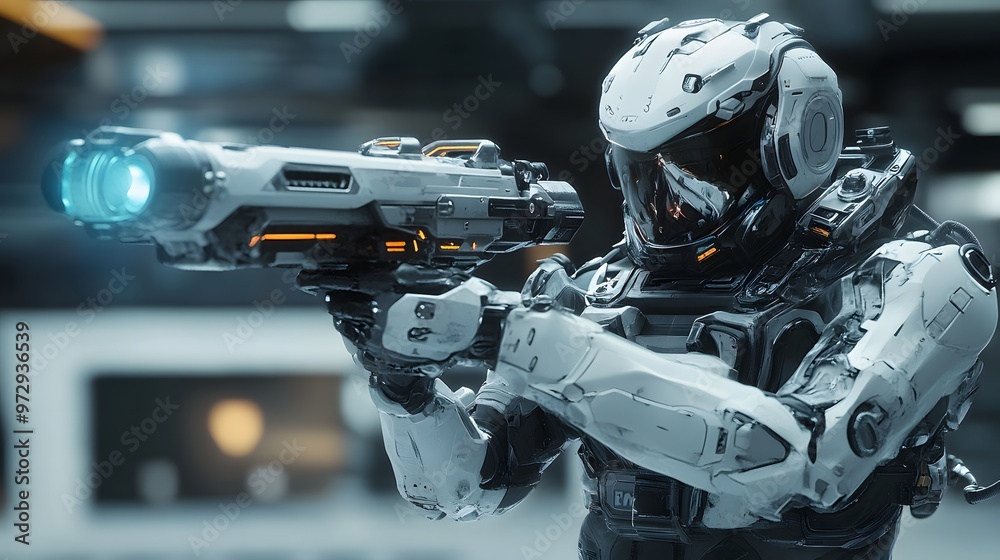 Fototapeta premium 4. **A futuristic sci-fi soldier in high-tech exosuit, holding an energy weapon