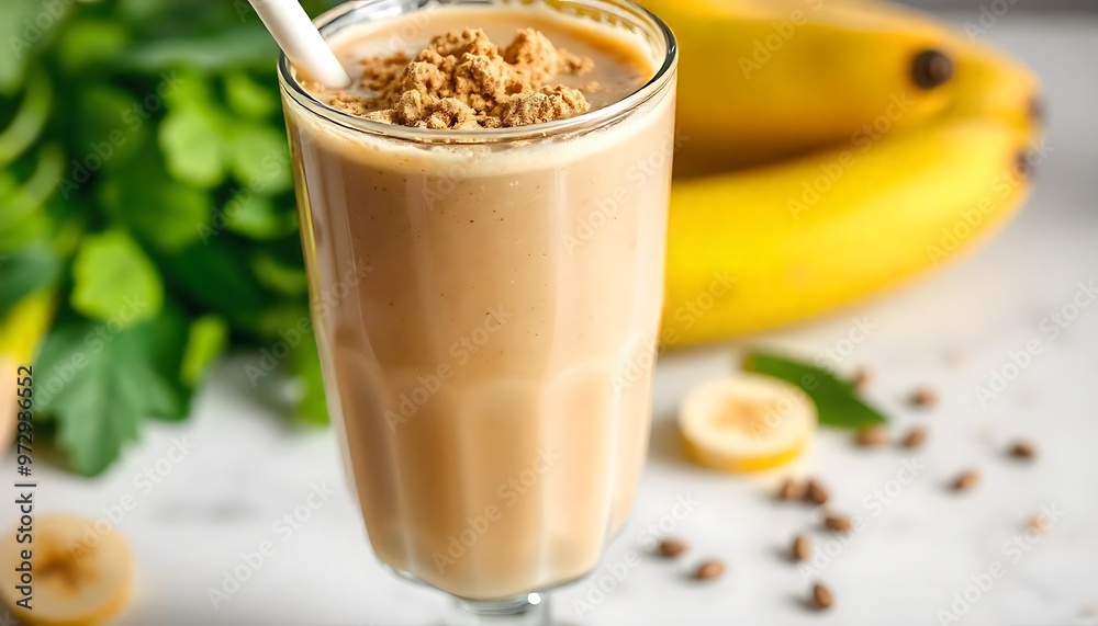 Closeup of banana smoothie with protein powder in a glass. Blended vegetarian shake drink, bodybuilding supplement, healthy eating recipe-styled concept, drink beverage, created with generative ai