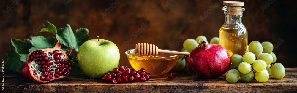 Traditional Rosh Hashanah Foods on Wooden Table Traditional Rosh Hashanah Foods on Wooden Table