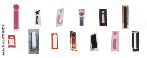 Photos Set of isolated cut-out letter “I” from magazines on a transparent background, r
