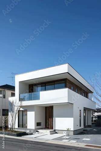 Modern White House with Balcony and Blue Sky