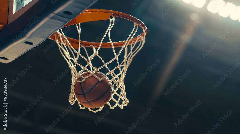 A basketball is about to enter the hoop in a sports arena. A basketball is about to enter the hoop in a sports arena.