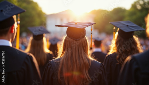 Back view of graduates at a commencement, centered on one student, under warm sunlight. photo