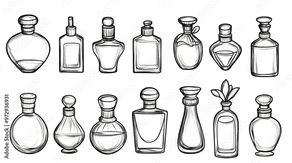 A hand-drawn set of line icons depicting perfume bottles, including glass flasks with various fragrances, shown in a doodle style. A hand-drawn set of line icons depicting perfume bottles, including glass flasks with various fragrances, shown in a doodle style.