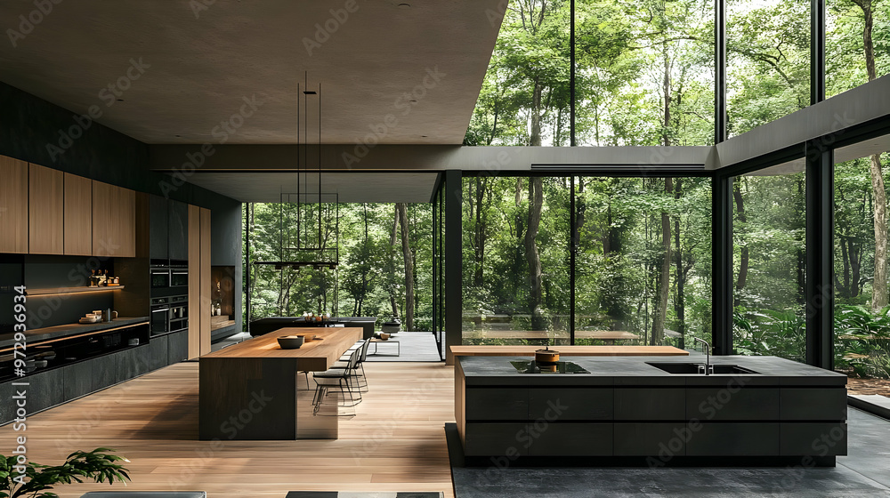 Modern kitchen design with large windows overlooking a lush forest. Modern kitchen design with large windows overlooking a lush forest.