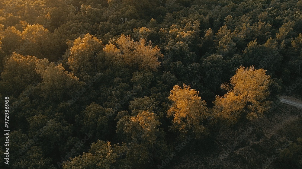 Fototapeta premium Golden autumn foliage contrasts with deep green trees in a serene forest at sunset